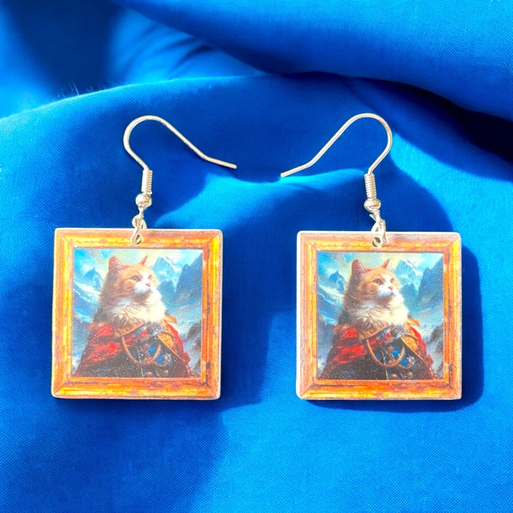 Cute Cat Oil Painting Style Light Weight Thin Acrylic Print Earrings Nickel-Free